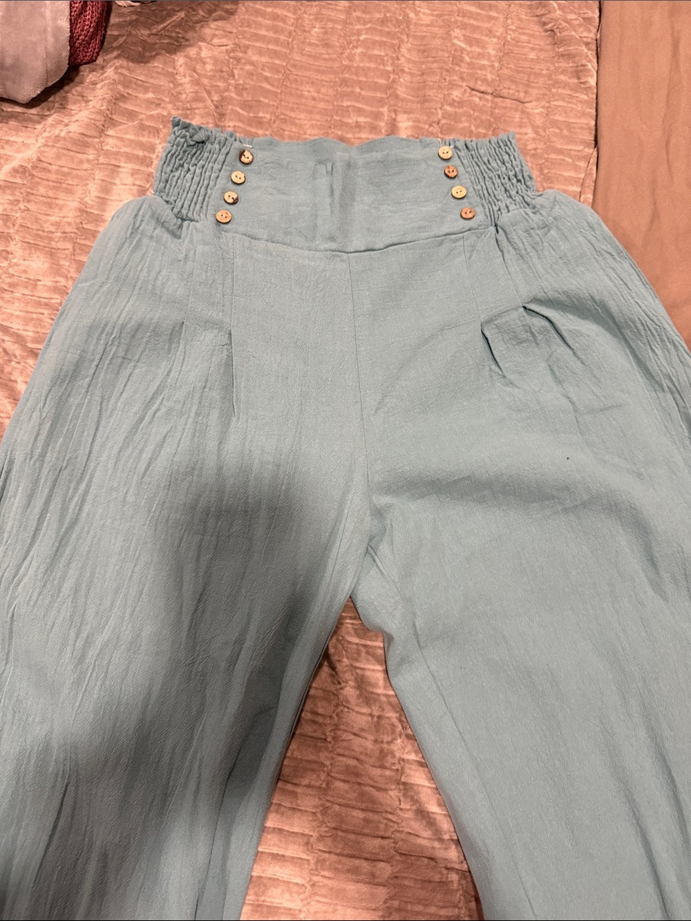 High Waist Light Blue Button Detail Pants